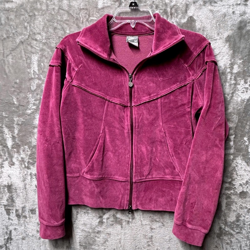 Nike Pink Velour Track Jacket Women's M Full Zip Y2K Soft Athleisure Swoosh Vtg
